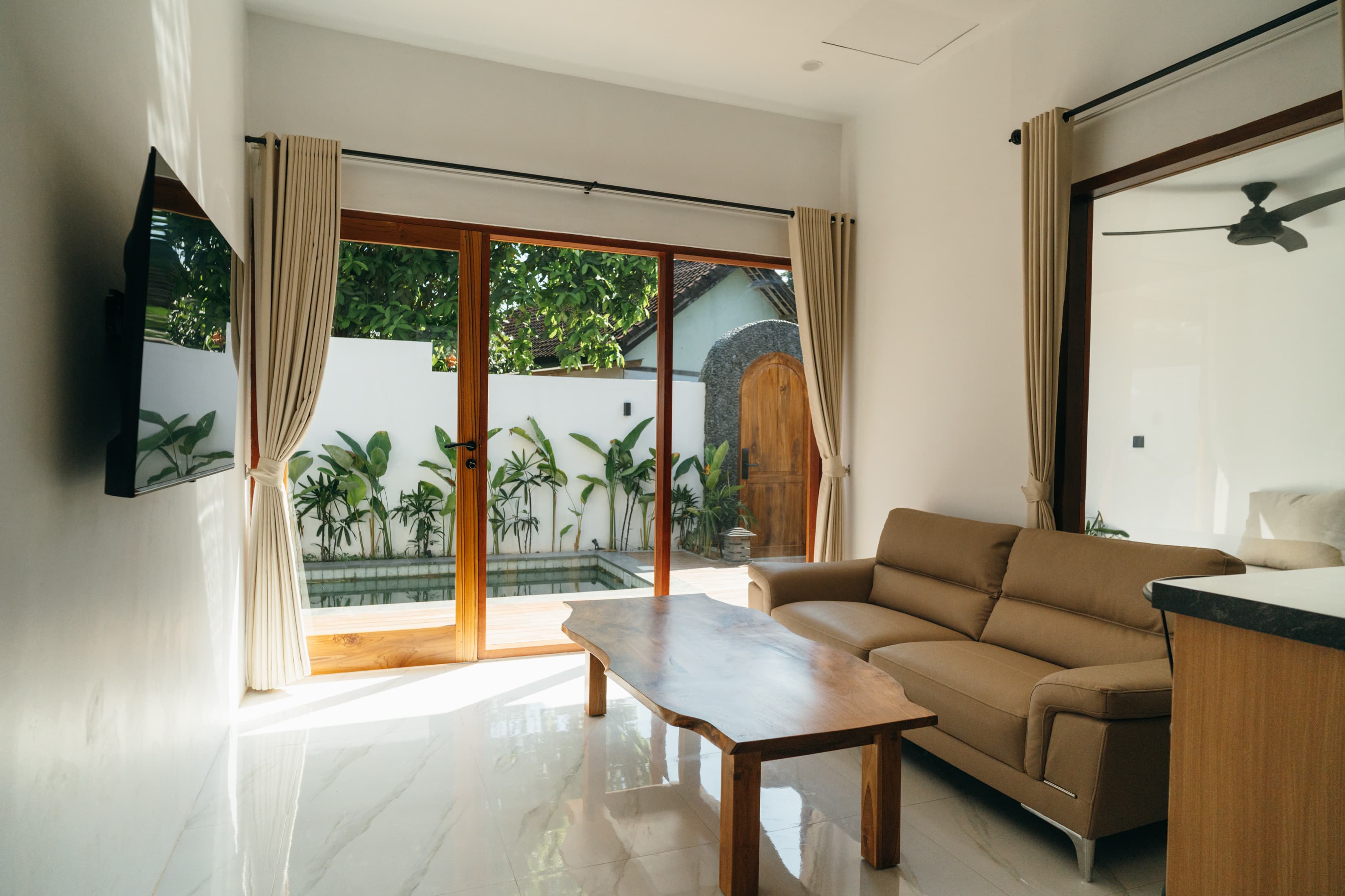 Bright living room with open doors